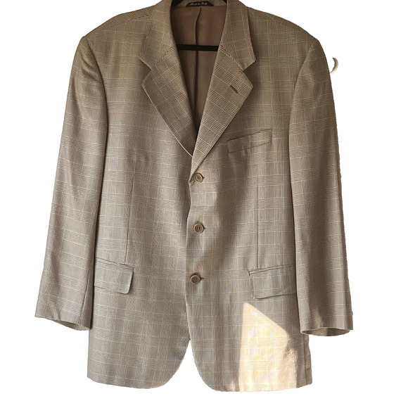 E Thomas Silk & Wool Mens Suit Jacket Blazer Italy 54 R Brown Plaid Window Pane - Picture 1 of 16